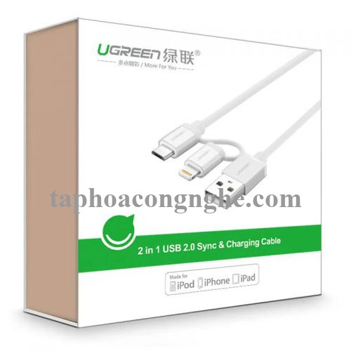 Ugreen 20747 0.5M màu Trắng Cáp sạc đa năng USB sang MicroUSB + Lightning US165 30020747